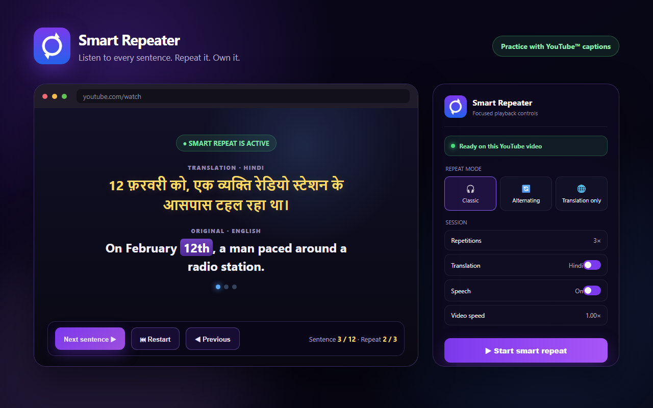 Smart Repeater language practice interface with English captions and Hindi translation